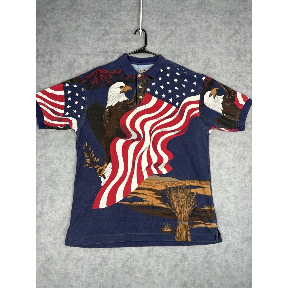 Vtg American Flag Eagle Polo Shirt Mens L Patriotic USA Navy Cotton Traders 90s